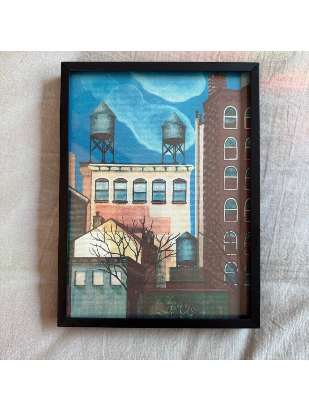 Vintage Urban Cityscape Rooftop Painting Water Towers Graffiti NYC Art Framed